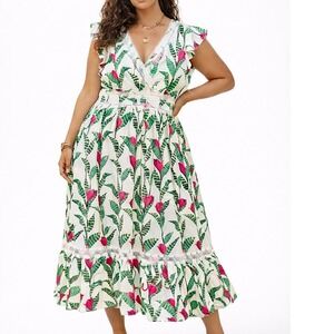 Layered With Love NWT Cotton Floral Ruffle Sleeve Lace Accent Midi Dress Size 1X